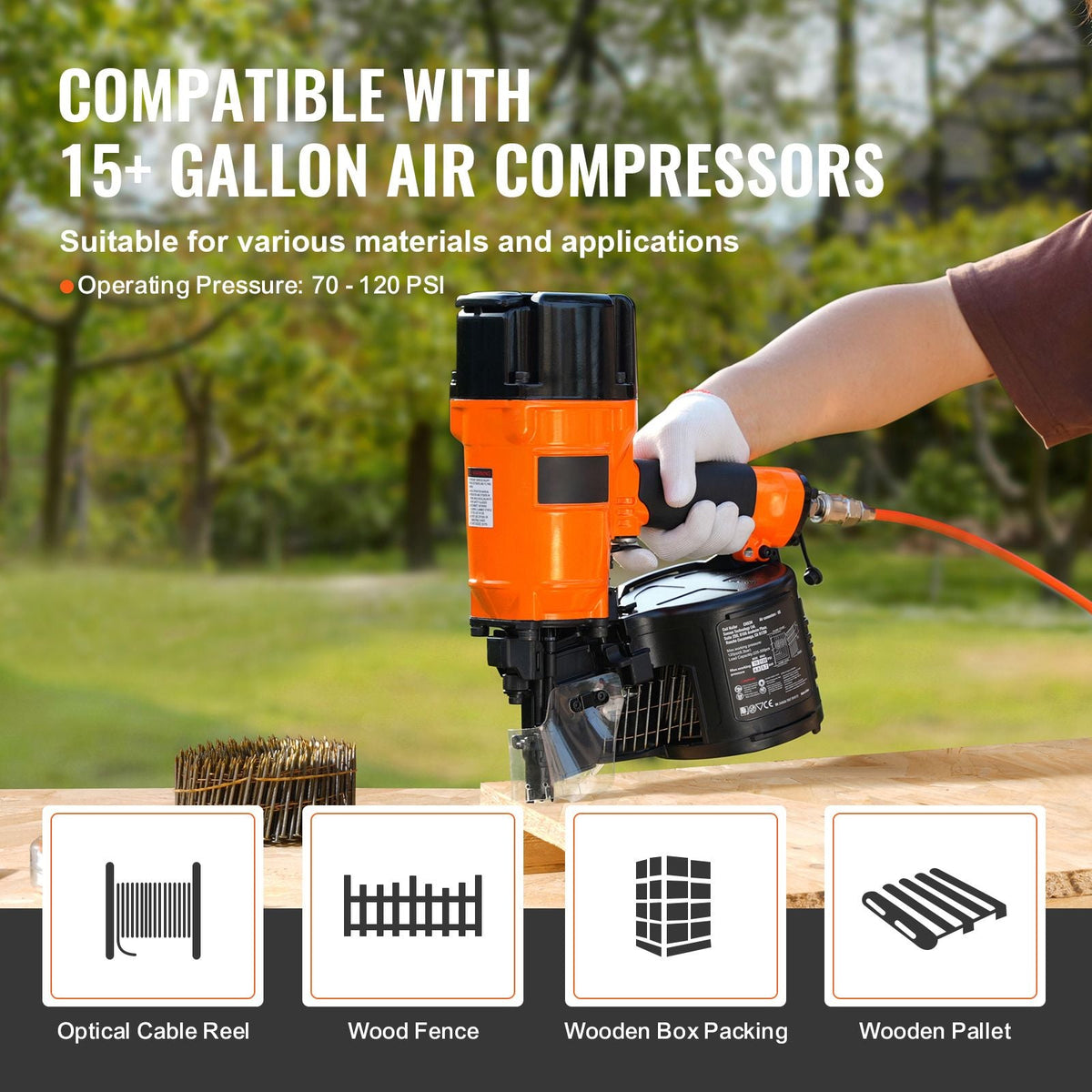 Coil Siding/Framing Nailer CN83N, 2" to 3-1/4" 15 Degree Pneumatic Siding Nail Gun with Tool-Less Depth Adjustment, 70-120PSI Air Coil Nailer for Siding Sheathing Wooding Fencing Decking