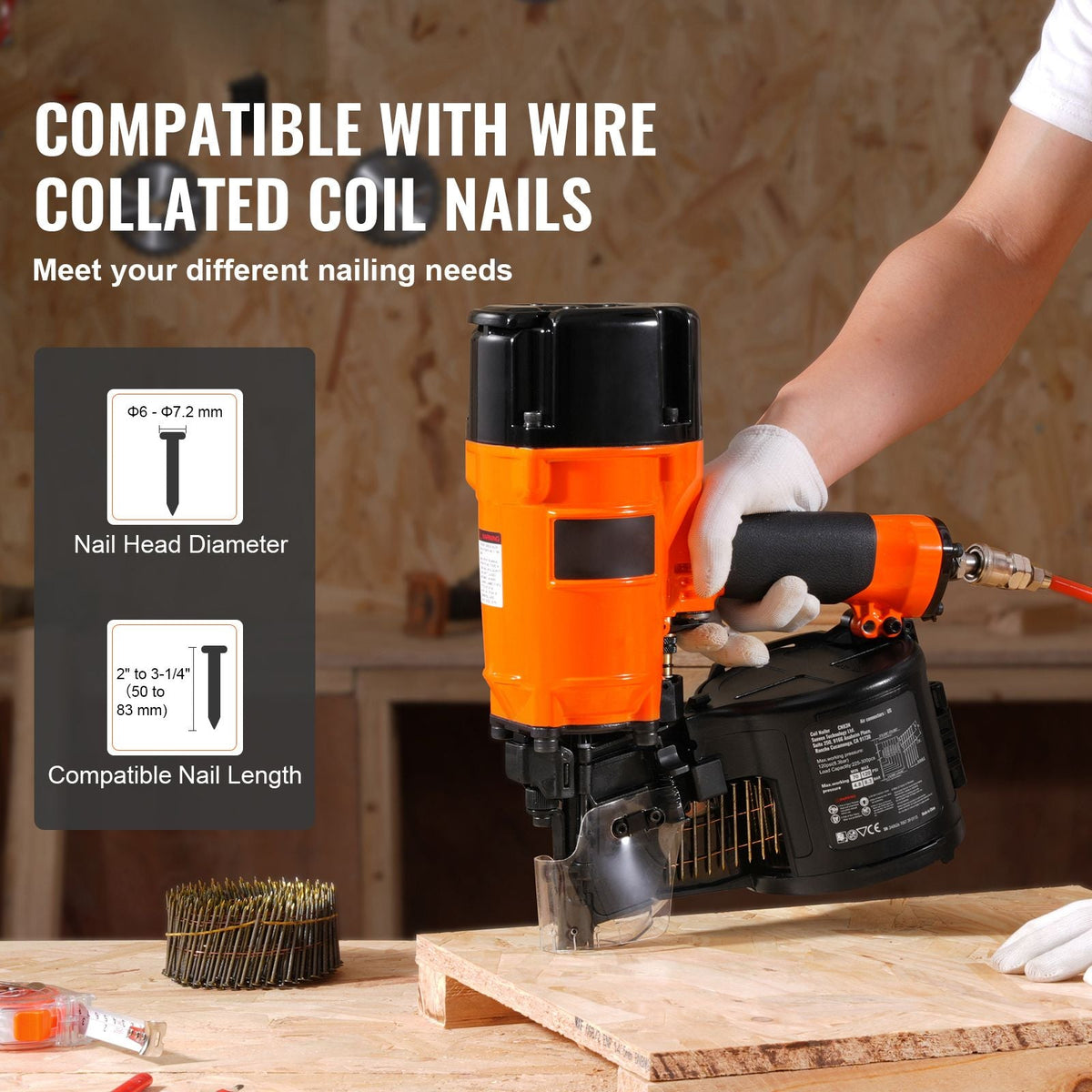 Coil Siding/Framing Nailer CN83N, 2" to 3-1/4" 15 Degree Pneumatic Siding Nail Gun with Tool-Less Depth Adjustment, 70-120PSI Air Coil Nailer for Siding Sheathing Wooding Fencing Decking