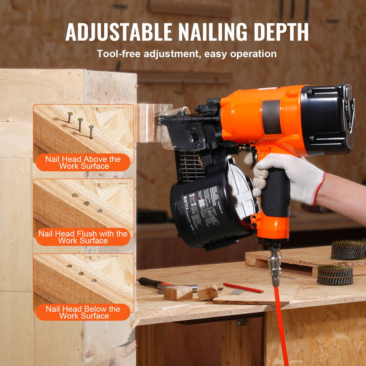 Coil Siding/Framing Nailer CN83N, 2" to 3-1/4" 15 Degree Pneumatic Siding Nail Gun with Tool-Less Depth Adjustment, 70-120PSI Air Coil Nailer for Siding Sheathing Wooding Fencing Decking