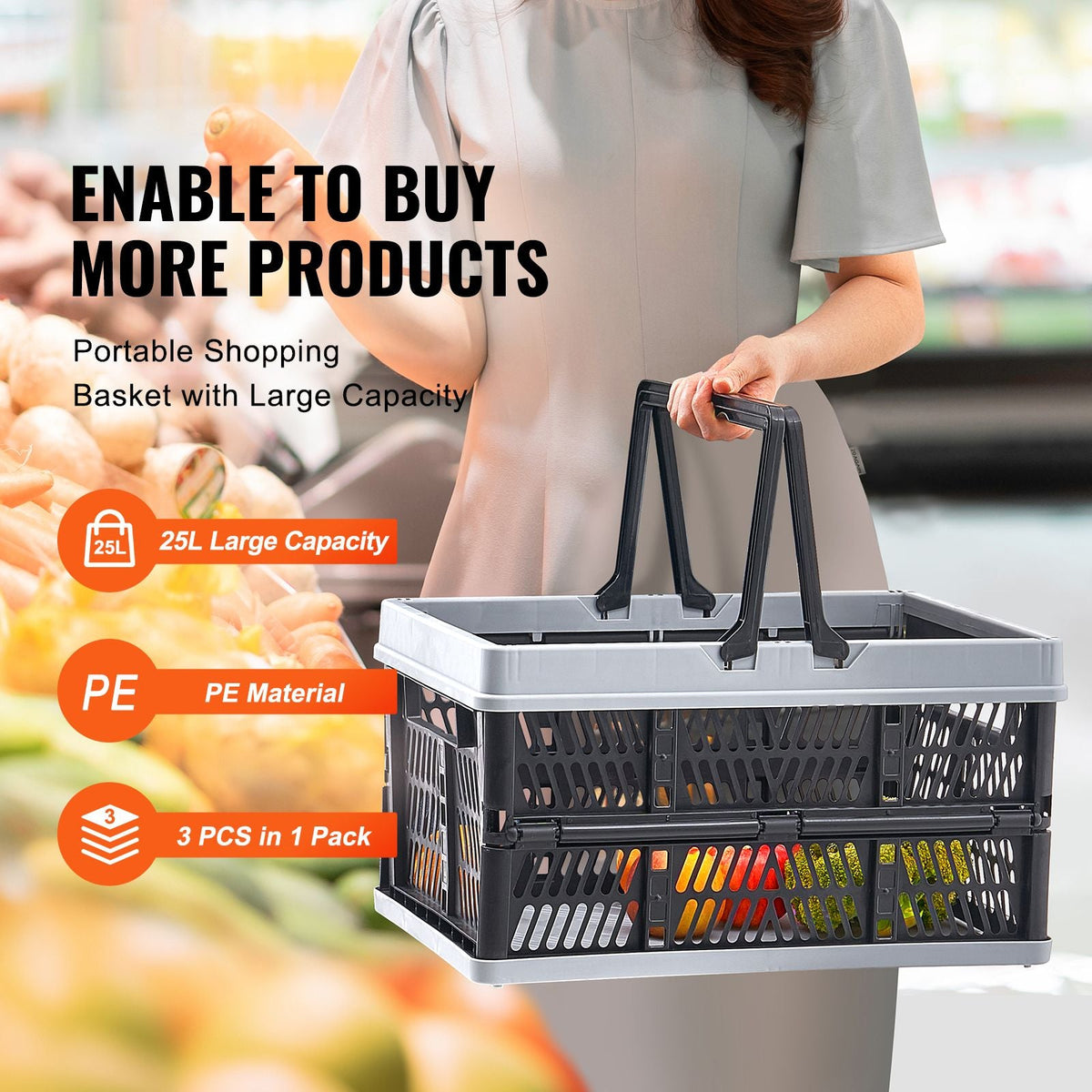 Collapsible Shopping Basket, 3 Pack, 25L Plastic Foldable Storage Crate with Handle, Grocery Fruit Vegetable Shopping Basket Folding Storage Container for Supermarket Retail Shopping, Black