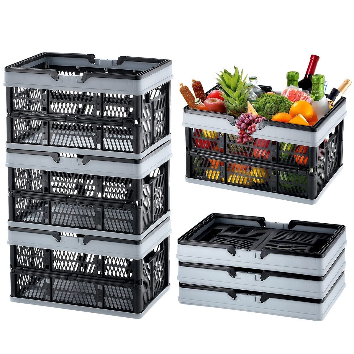 Collapsible Shopping Basket, 3 Pack, 25L Plastic Foldable Storage Crate with Handle, Grocery Fruit Vegetable Shopping Basket Folding Storage Container for Supermarket Retail Shopping, Black