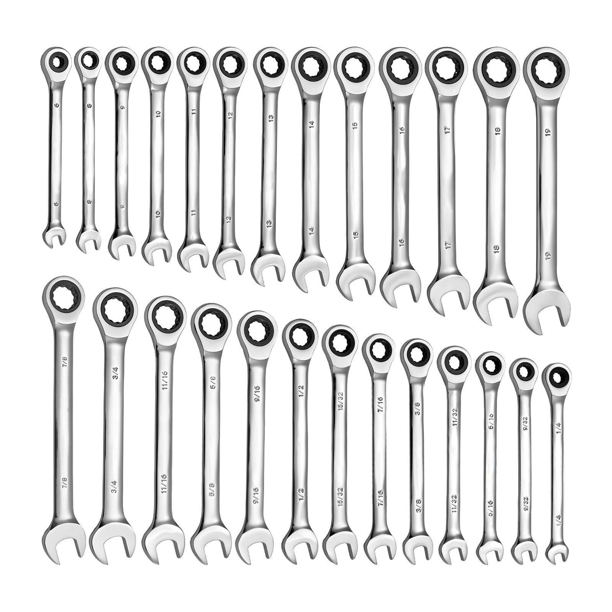 Combination Wrench Set, 26-Piece SAE and Metric, 72 Teeth, Cr-V Steel Ratcheting Wrench Set, with Rack Organizer, Open End, Clear Size Labels, for General Household, Automotive Repairs, Silver