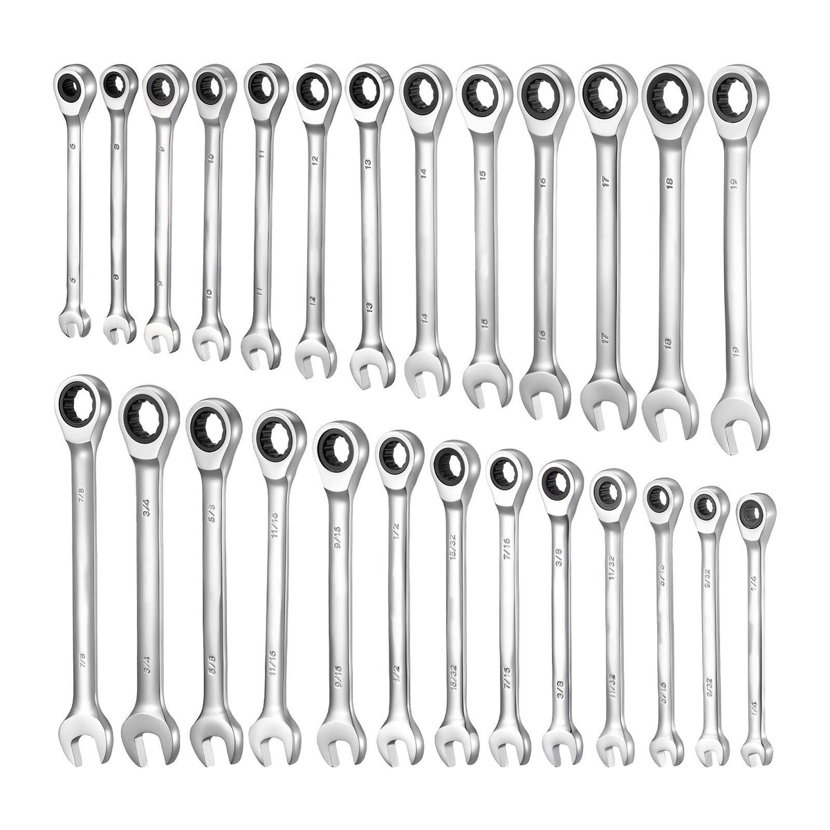 Combination Wrench Set, 26-Piece SAE and Metric, 72 Teeth, Cr-V Steel Ratcheting Wrench Set, with Rack Organizer, Open End, Clear Size Labels, for General Household, Automotive Repairs, Silver
