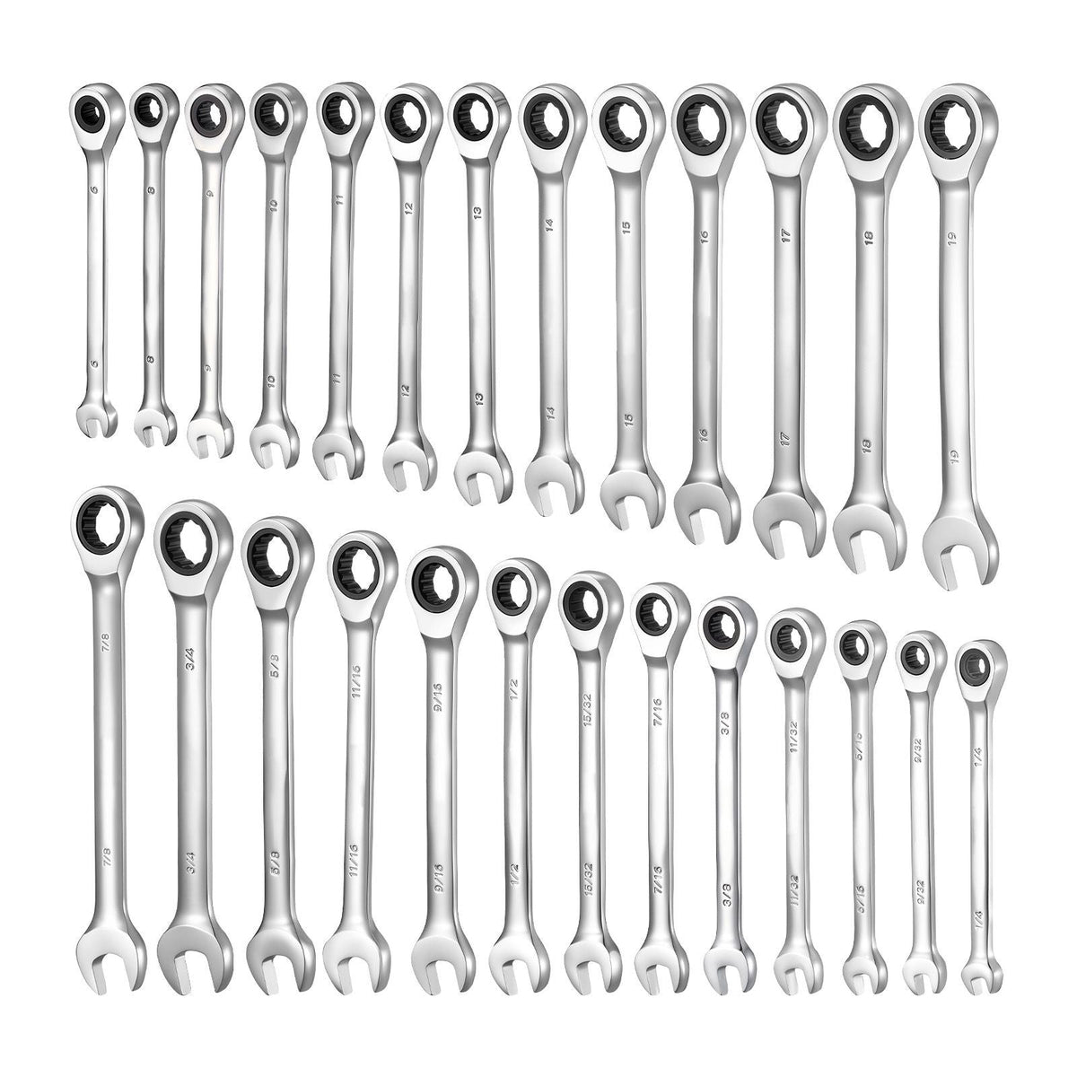 Combination Wrench Set, 26-Piece SAE and Metric, 72 Teeth, Cr-V Steel Ratcheting Wrench Set, with Rack Organizer, Open End, Clear Size Labels, for General Household, Automotive Repairs, Silver