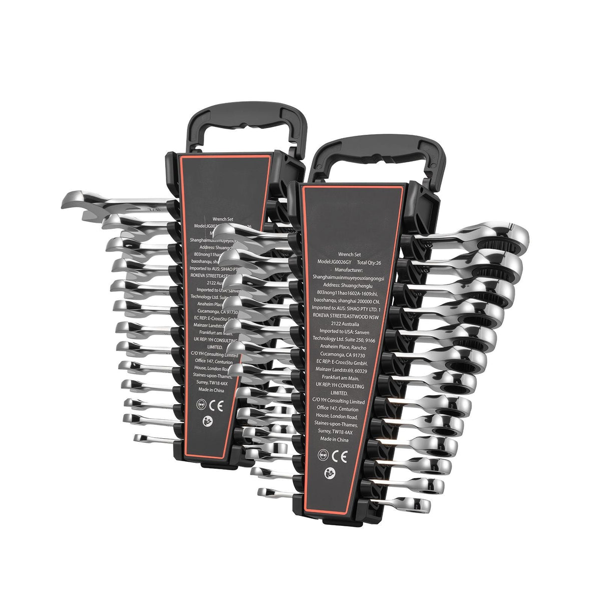 Combination Wrench Set, 26-Piece SAE and Metric, 72 Teeth, Cr-V Steel Ratcheting Wrench Set, with Rack Organizer, Open End, Clear Size Labels, for General Household, Automotive Repairs, Silver