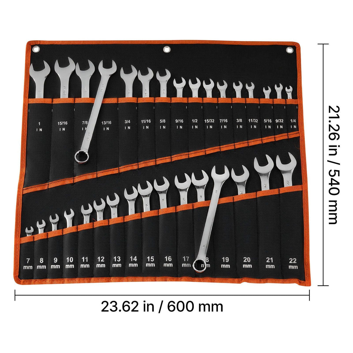 Combination Wrench Set, 32-Piece SAE and Metric, 12-Point Box End and 15° Angled Open End Combination Wrenches with Roll Up Pouch, Carbon Steel, for General Household and Automotive Repairs