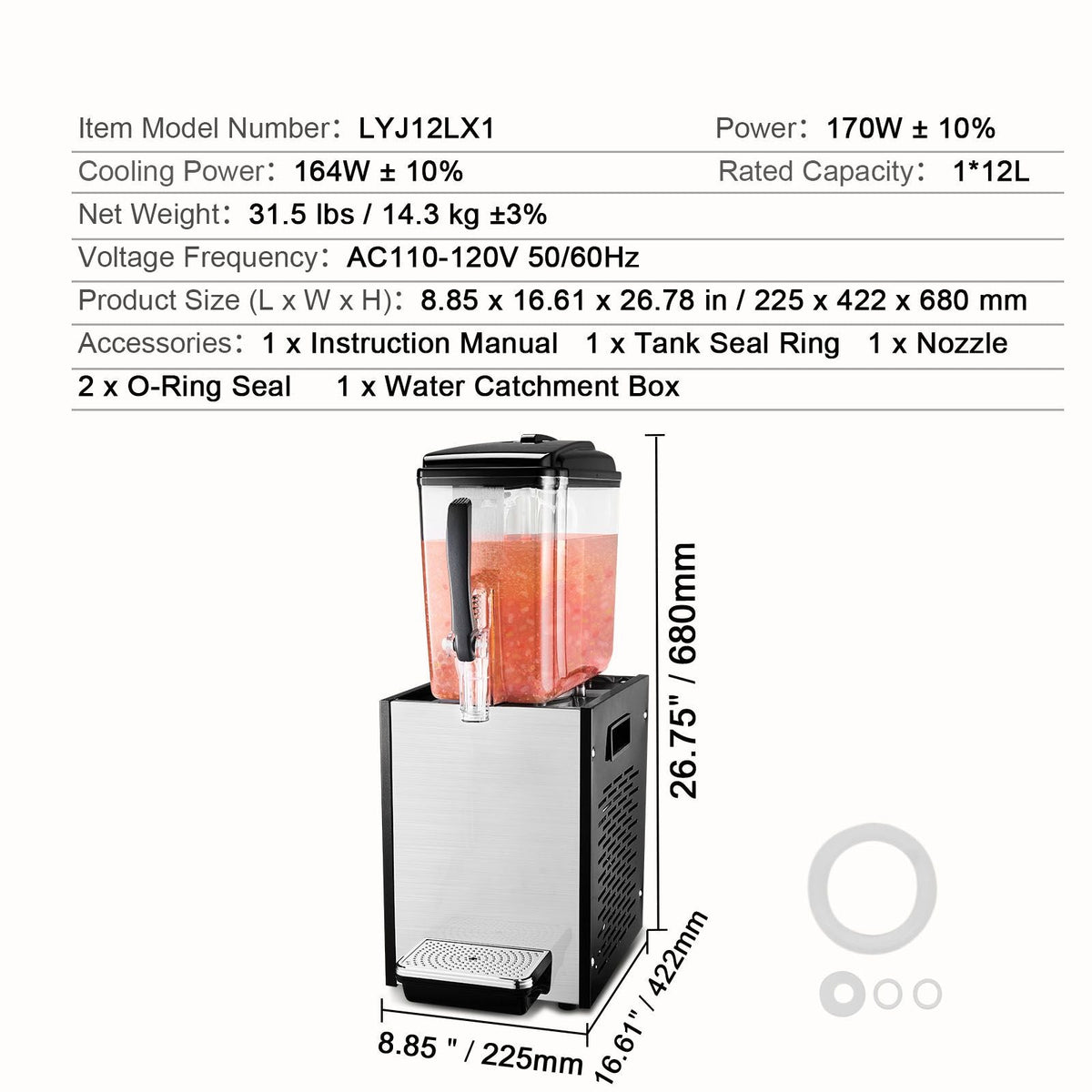 Commercial Beverage Dispenser, 12 L / 12.7 QT Juice Dispenser, 170W 304 Stainless Steel Food Grade Ice Tea Drink Machine with 45 Fahrenheit -54 Fahrenheit Cooling Temperature