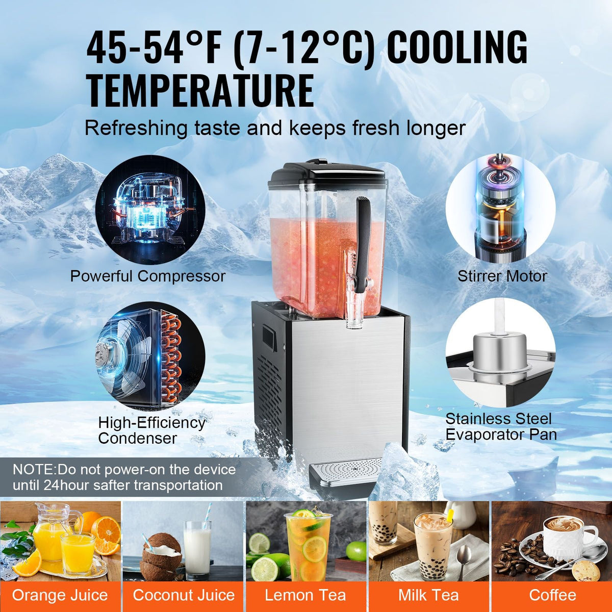Commercial Beverage Dispenser, 12 L / 12.7 QT Juice Dispenser, 170W 304 Stainless Steel Food Grade Ice Tea Drink Machine with 45 Fahrenheit -54 Fahrenheit Cooling Temperature