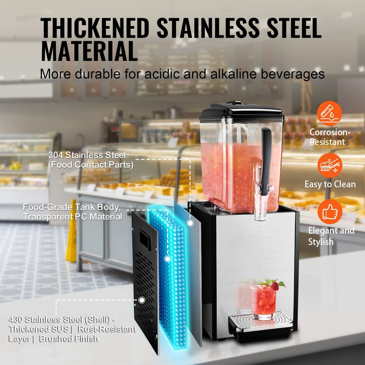 Commercial Beverage Dispenser, 12 L / 12.7 QT Juice Dispenser, 170W 304 Stainless Steel Food Grade Ice Tea Drink Machine with 45 Fahrenheit -54 Fahrenheit Cooling Temperature