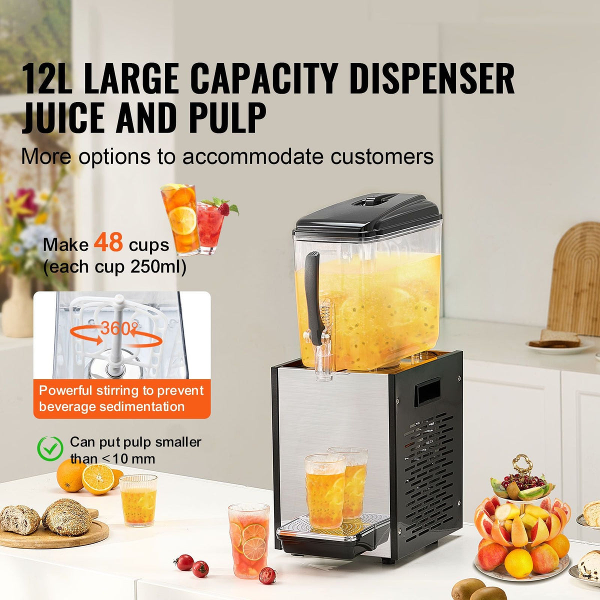 Commercial Beverage Dispenser, 12 L / 12.7 QT Juice Dispenser, 170W 304 Stainless Steel Food Grade Ice Tea Drink Machine with 45 Fahrenheit -54 Fahrenheit Cooling Temperature
