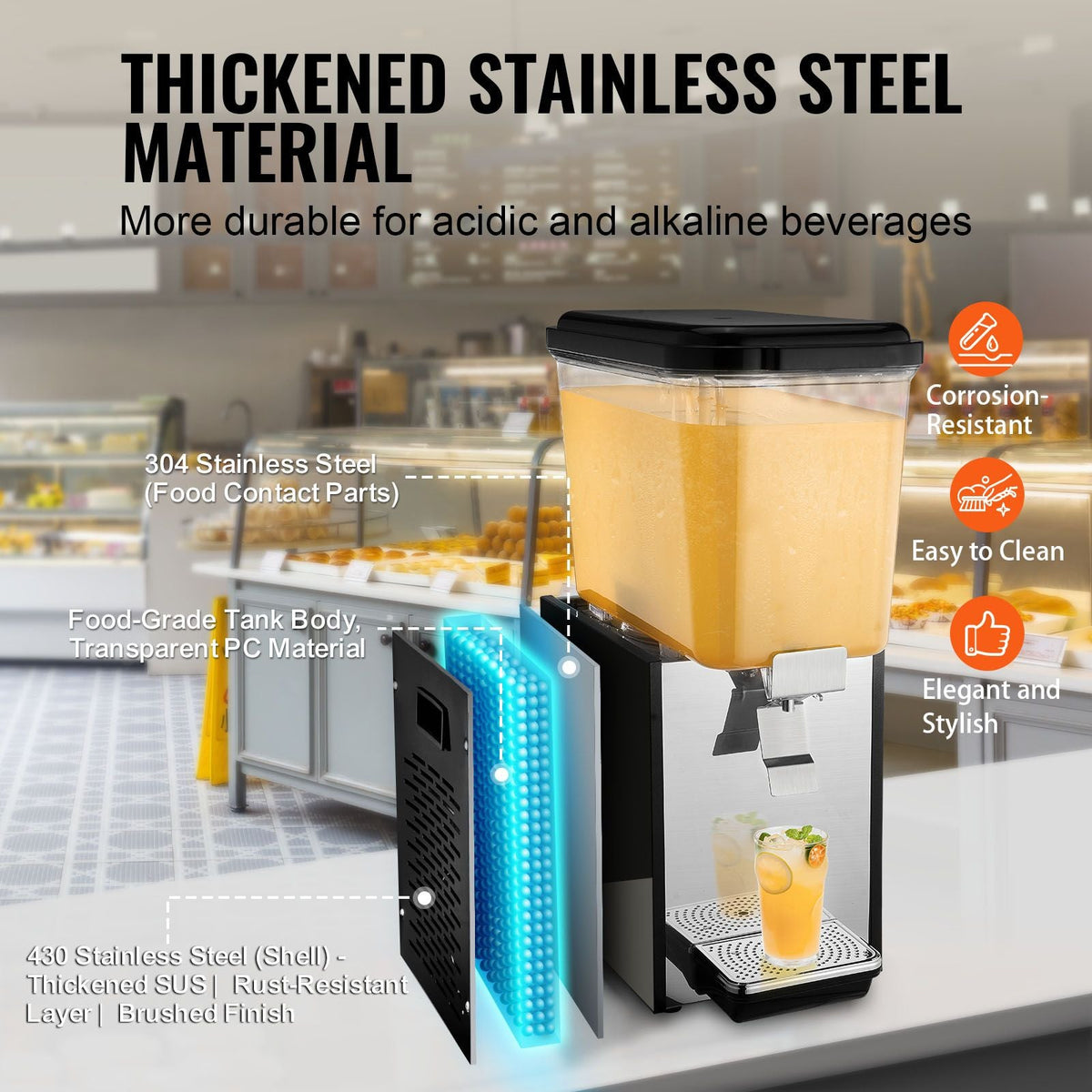 Commercial Beverage Dispenser, 18 L / 19 QT Juice Dispenser, 300W 304 Stainless Steel Food Grade Ice Tea Drink Machine with 45 Fahrenheit -54 Fahrenheit Cooling Temperature