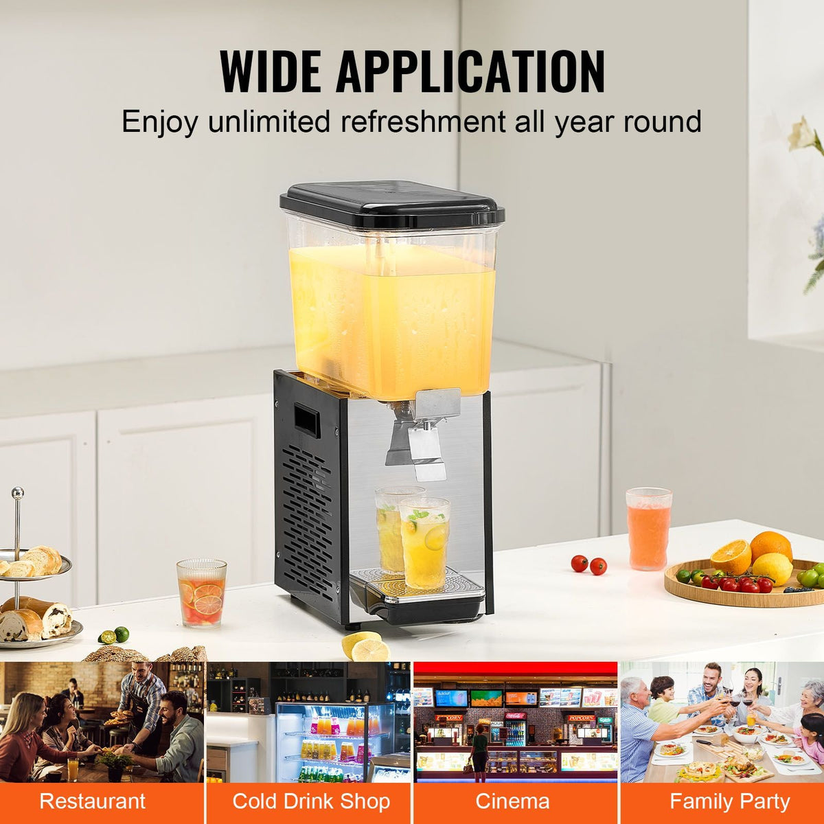 Commercial Beverage Dispenser, 18 L / 19 QT Juice Dispenser, 300W 304 Stainless Steel Food Grade Ice Tea Drink Machine with 45 Fahrenheit -54 Fahrenheit Cooling Temperature