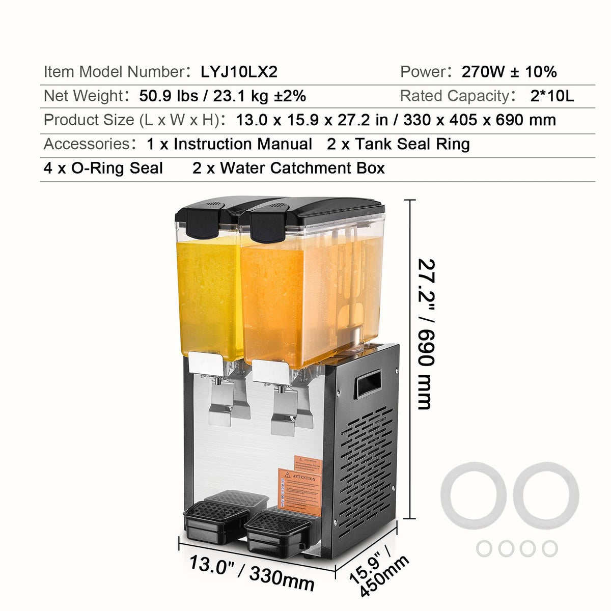 Commercial Beverage Dispenser, 2 Tanks 10 L / 10.6 QT Per Tank Juice Dispenser, 270W Stainless Steel Ice Tea Drink Machine with 45 Fahrenheit -54 Fahrenheit Cooling Temperature