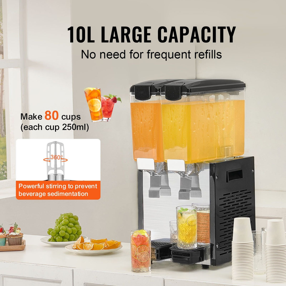 Commercial Beverage Dispenser, 2 Tanks 10 L / 10.6 QT Per Tank Juice Dispenser, 270W Stainless Steel Ice Tea Drink Machine with 45 Fahrenheit -54 Fahrenheit Cooling Temperature