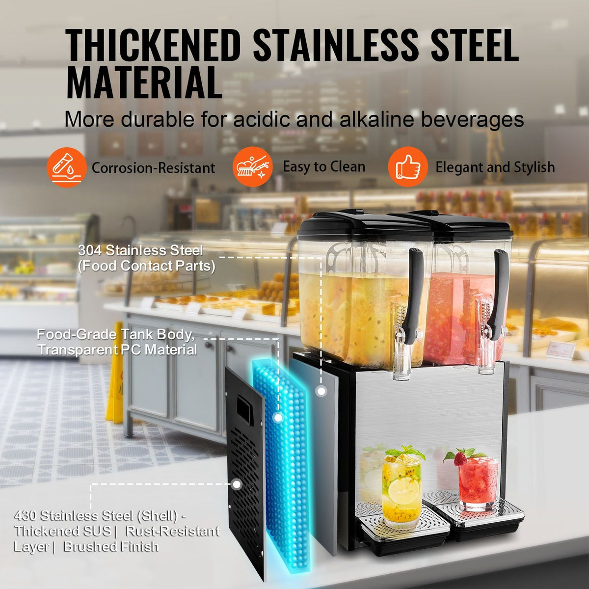 Commercial Beverage Dispenser, 2 Tanks 12 L / 12.7 QT Per Tank Juice Dispenser, 286W Stainless Steel Ice Tea Drink Machine with 45 Fahrenheit -54 Fahrenheit Cooling Temperature