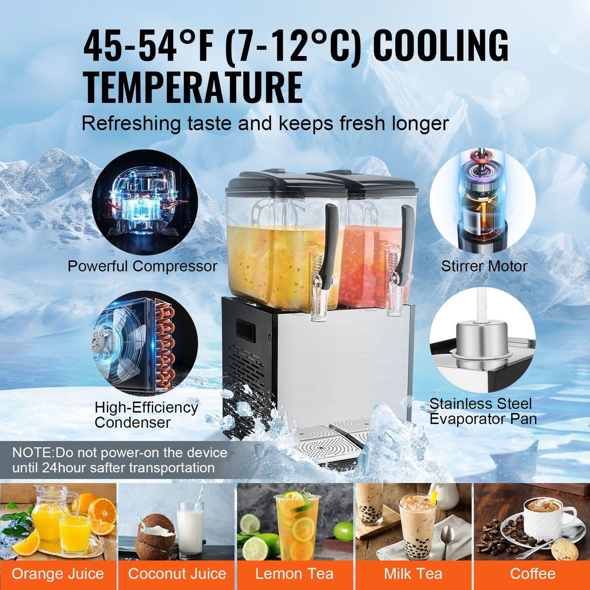 Commercial Beverage Dispenser, 2 Tanks 12 L / 12.7 QT Per Tank Juice Dispenser, 286W Stainless Steel Ice Tea Drink Machine with 45 Fahrenheit -54 Fahrenheit Cooling Temperature