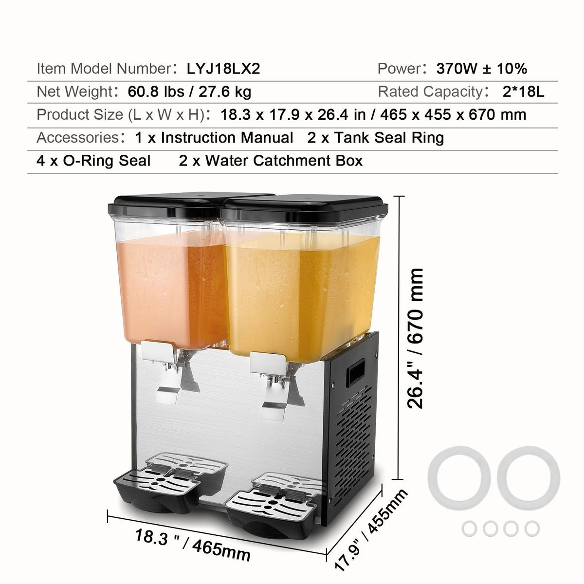 Commercial Beverage Dispenser, 2 Tanks 18 L / 19 QT Per Tank Juice Dispenser, 370W Stainless Steel Ice Tea Drink Machine with 45 Fahrenheit -54 Fahrenheit Cooling Temperature