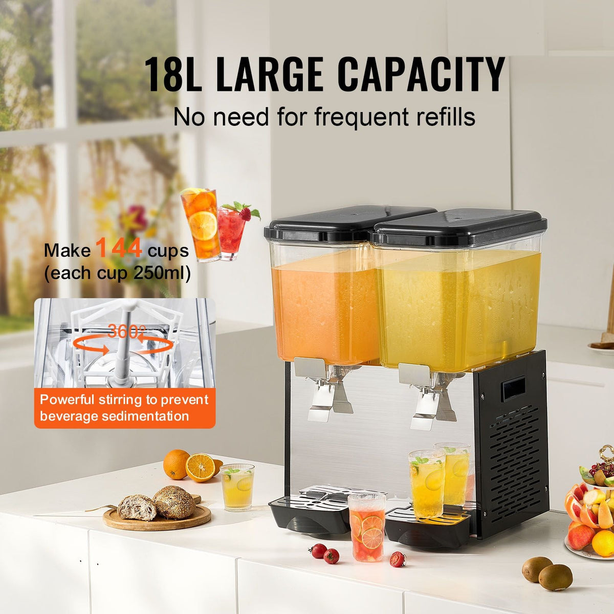 Commercial Beverage Dispenser, 2 Tanks 18 L / 19 QT Per Tank Juice Dispenser, 370W Stainless Steel Ice Tea Drink Machine with 45 Fahrenheit -54 Fahrenheit Cooling Temperature