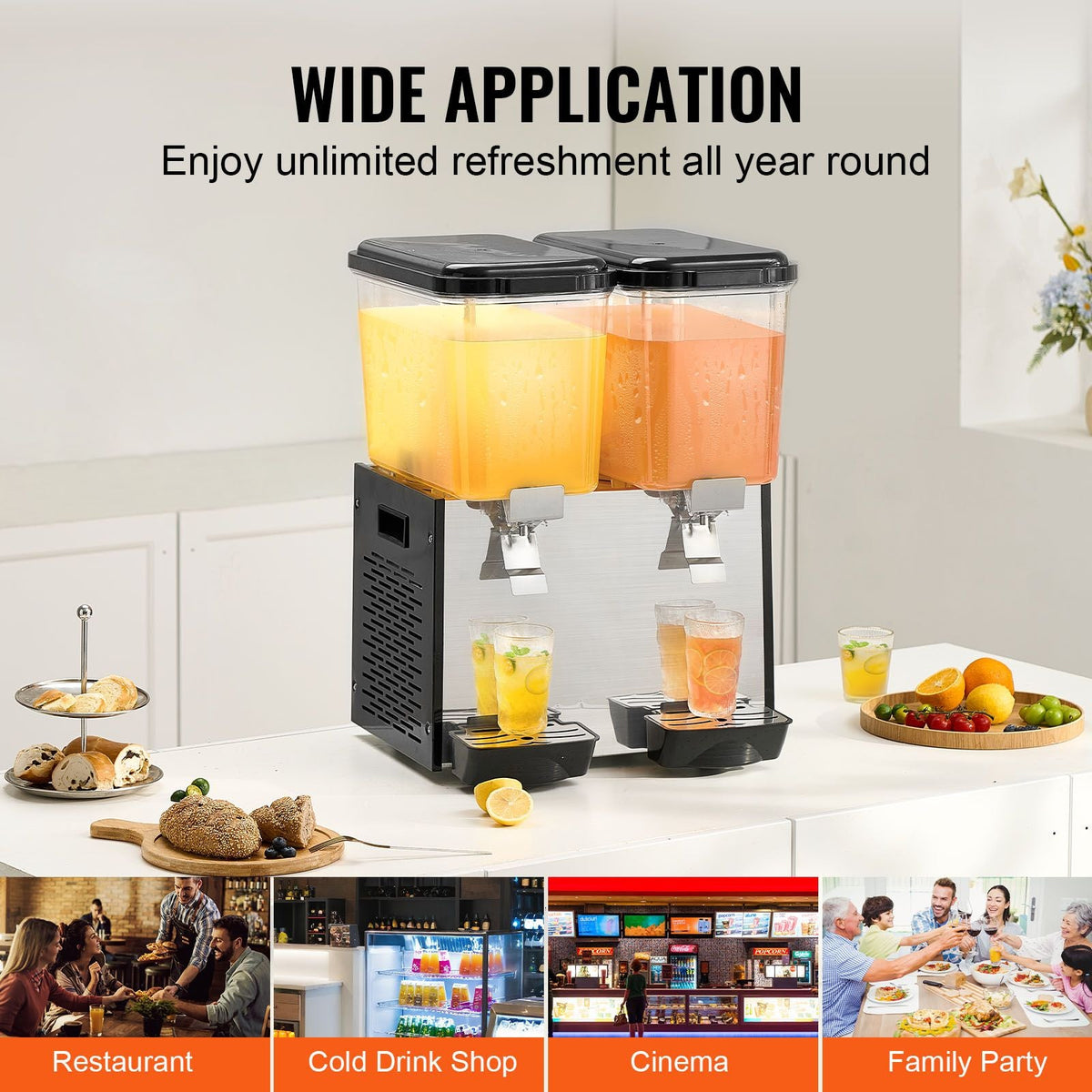 Commercial Beverage Dispenser, 2 Tanks 18 L / 19 QT Per Tank Juice Dispenser, 370W Stainless Steel Ice Tea Drink Machine with 45 Fahrenheit -54 Fahrenheit Cooling Temperature
