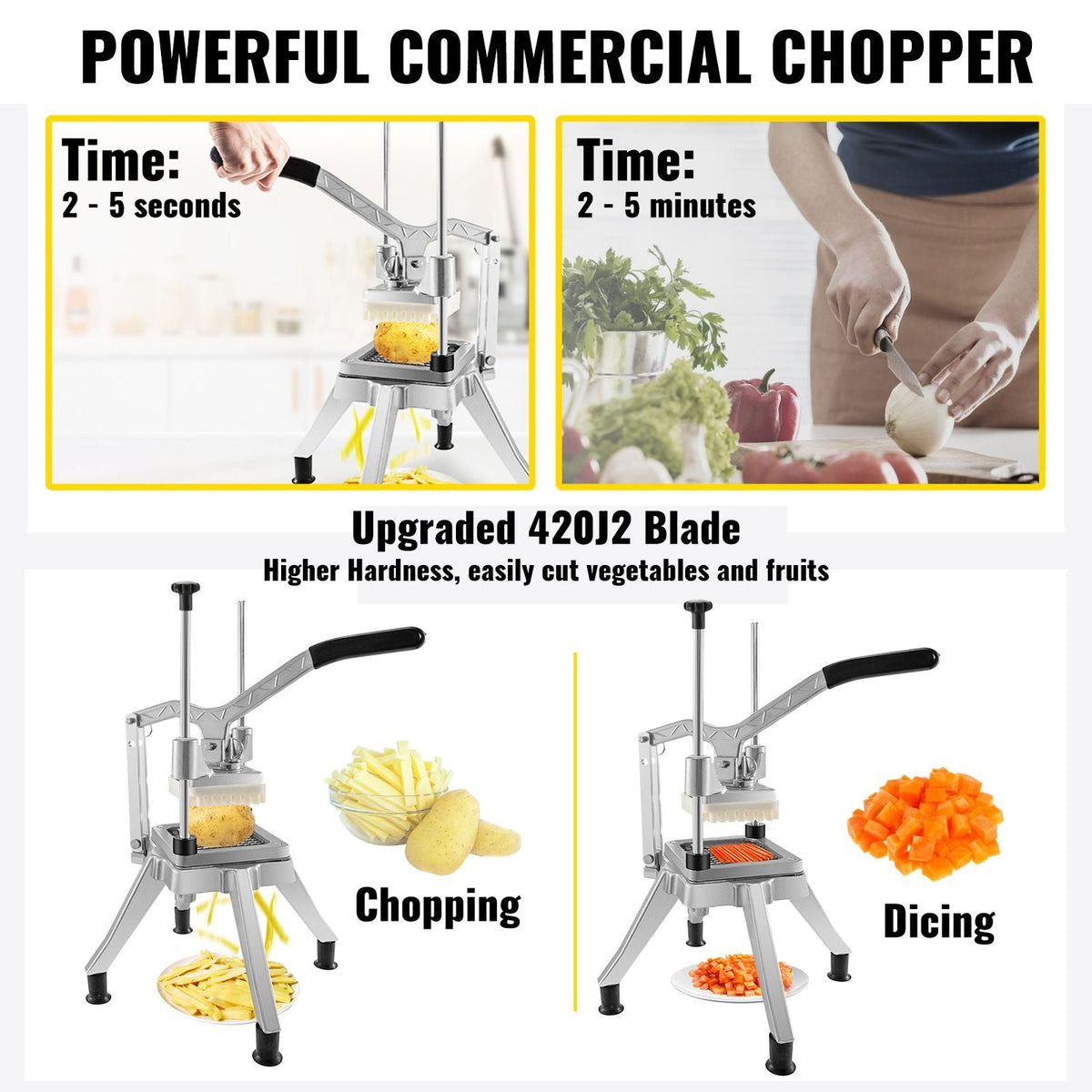 Commercial Chopper with 4 Replacement Blades Commercial Vegetable Chopper Stainless Steel French Fry Cutter Potato Dicer & Slicer Commercial Vegetable Fruit Chopper for Restaurants & Home Kitche