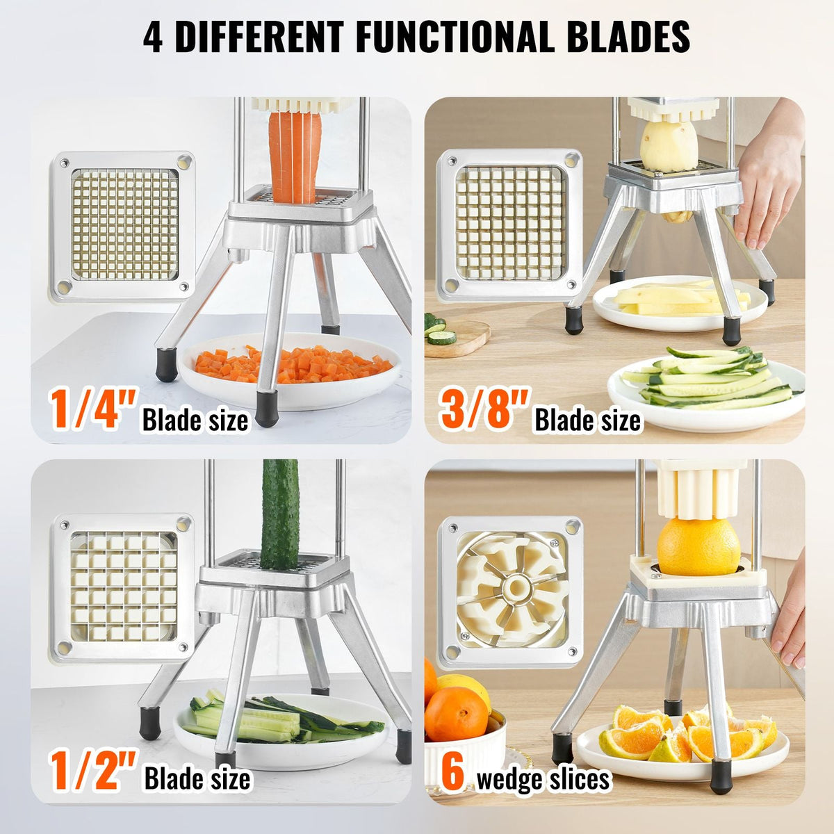 Commercial Chopper with 4 Replacement Blades Commercial Vegetable Chopper Stainless Steel French Fry Cutter Potato Dicer & Slicer Commercial Vegetable Fruit Chopper for Restaurants & Home Kitche