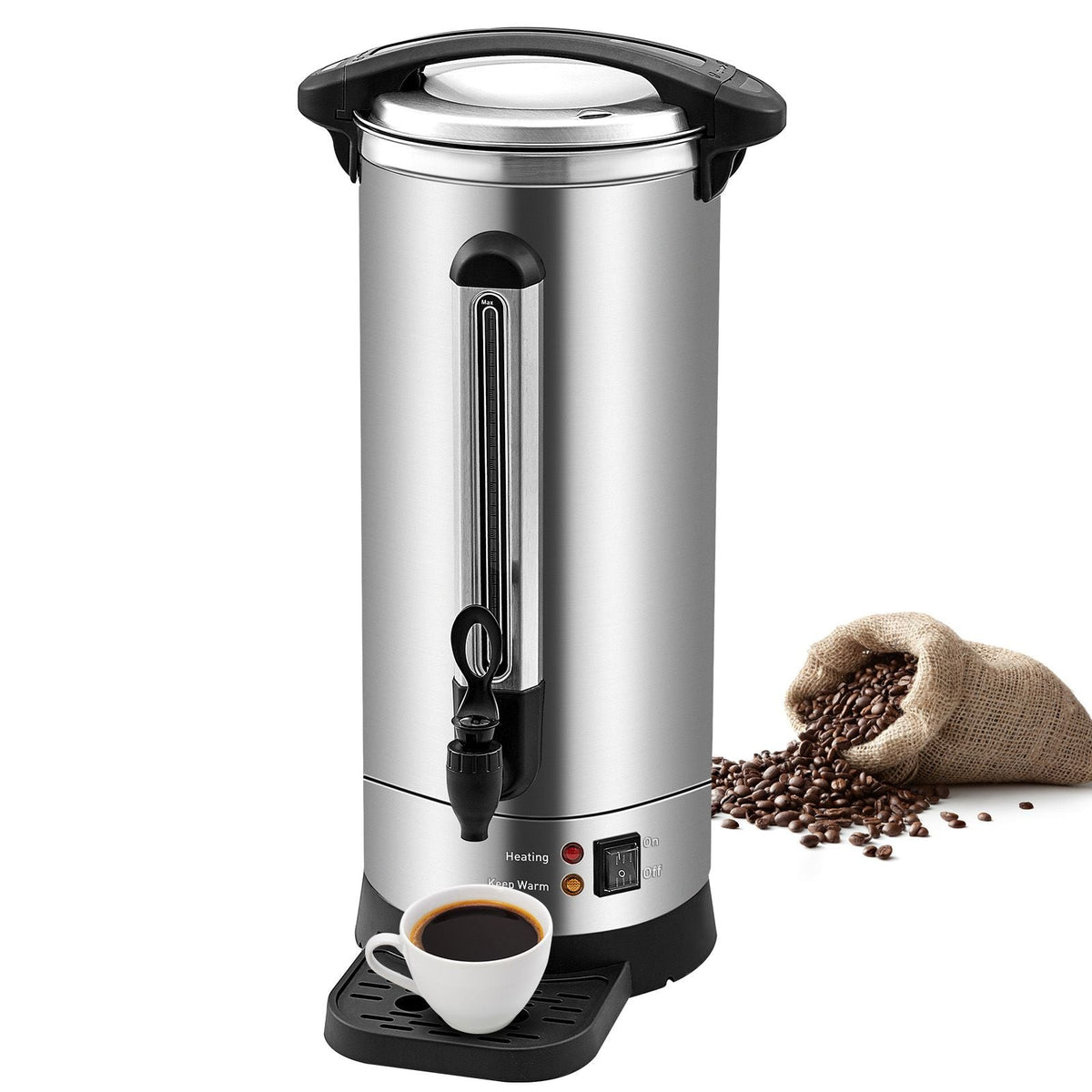 Commercial Coffee Urn, 110 Cups Stainless Steel Large Coffee Dispenser, 1500W 110V Electric Coffee Maker Urn For Quick Brewing, Hot Water Urn with Detachable Power Cord for Easy Cleaning, Silver
