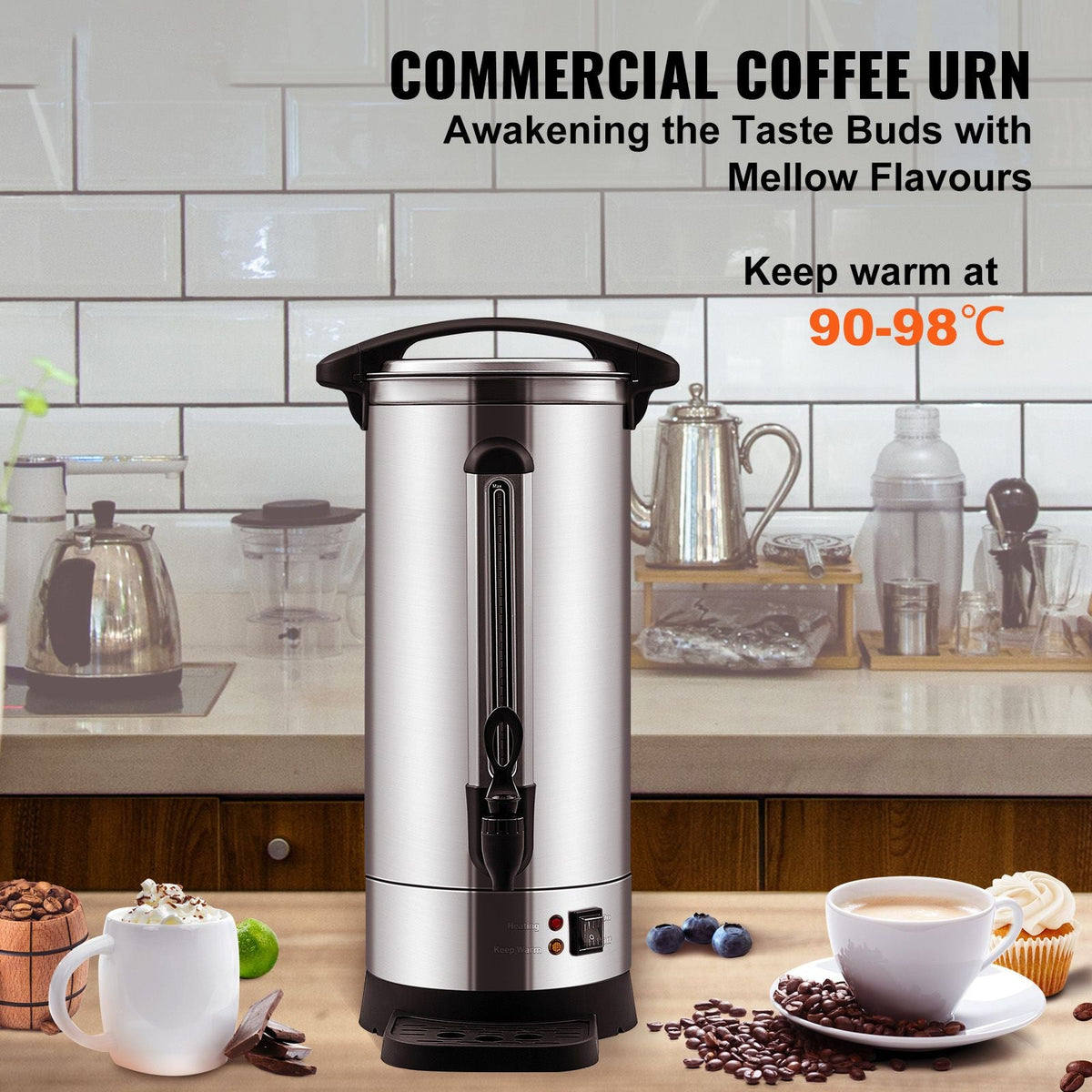 Commercial Coffee Urn, 110 Cups Stainless Steel Large Coffee Dispenser, 1500W 110V Electric Coffee Maker Urn For Quick Brewing, Hot Water Urn with Detachable Power Cord for Easy Cleaning, Silver