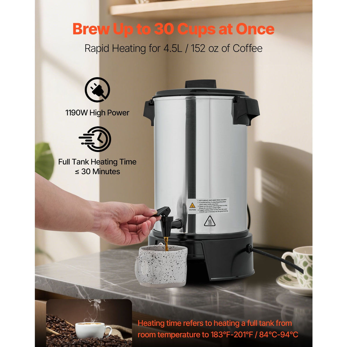 Commercial Coffee Urn, 30 Cup 4.5 L Hot Beverage Dispenser with Dripless Faucet, Quick-Brewing Commercial Coffee Maker, Automatic Temperature Control, for Catering, Party, Church & Restaurant