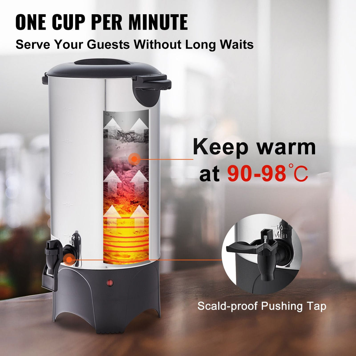 Commercial Coffee Urn, 50 Cups Stainless Steel Large Coffee Dispenser, 1000W 110V Electric Coffee Maker Urn For Quick Brewing, Hot Water Urn with Detachable Power Cord for Easy Cleaning, Silver