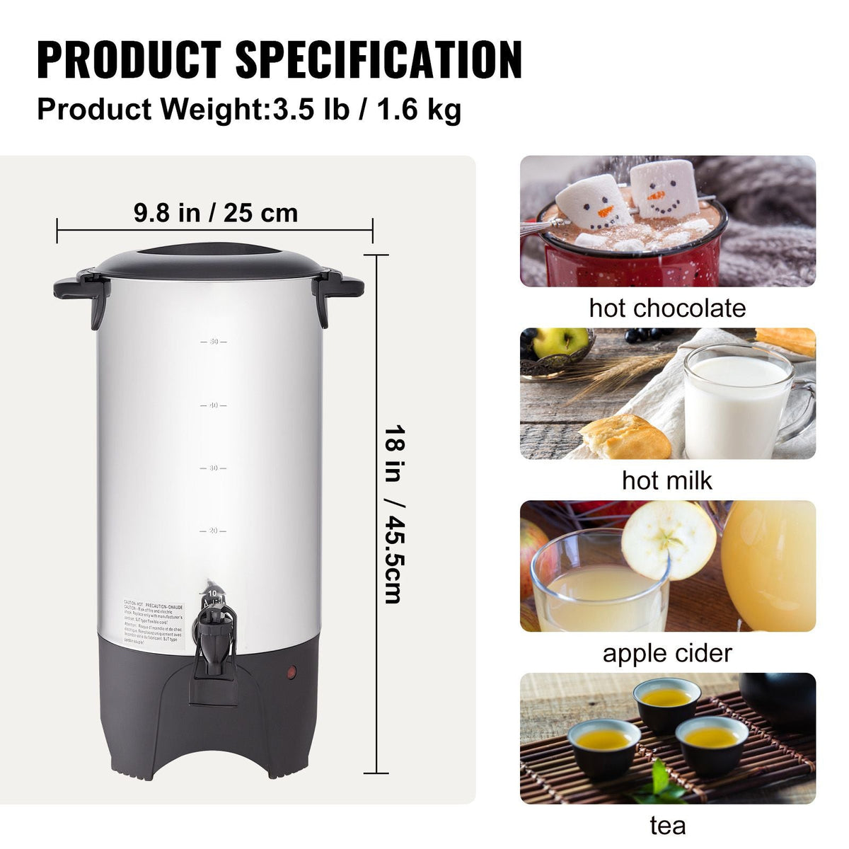 Commercial Coffee Urn, 50 Cups Stainless Steel Large Coffee Dispenser, 1000W 110V Electric Coffee Maker Urn For Quick Brewing, Hot Water Urn with Detachable Power Cord for Easy Cleaning, Silver