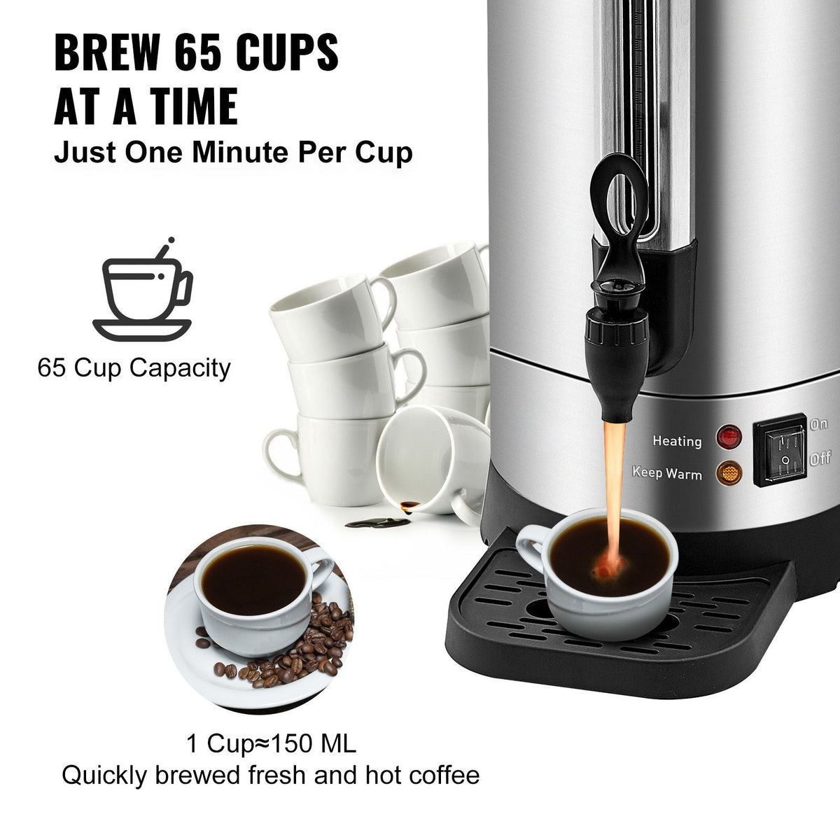 Commercial Coffee Urn, 65 Cups Stainless Steel Large Coffee Dispenser, 1500W 110V Electric Coffee Maker Urn For Quick Brewing, Hot Water Urn with Detachable Power Cord for Easy Cleaning, Silver