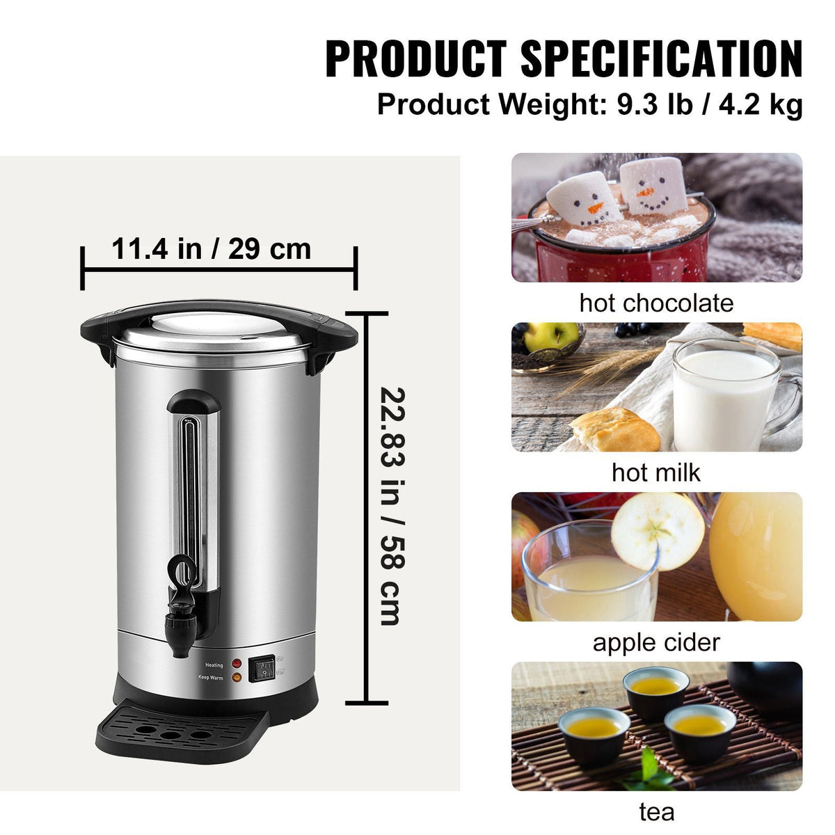 Commercial Coffee Urn, 65 Cups Stainless Steel Large Coffee Dispenser, 1500W 110V Electric Coffee Maker Urn For Quick Brewing, Hot Water Urn with Detachable Power Cord for Easy Cleaning, Silver