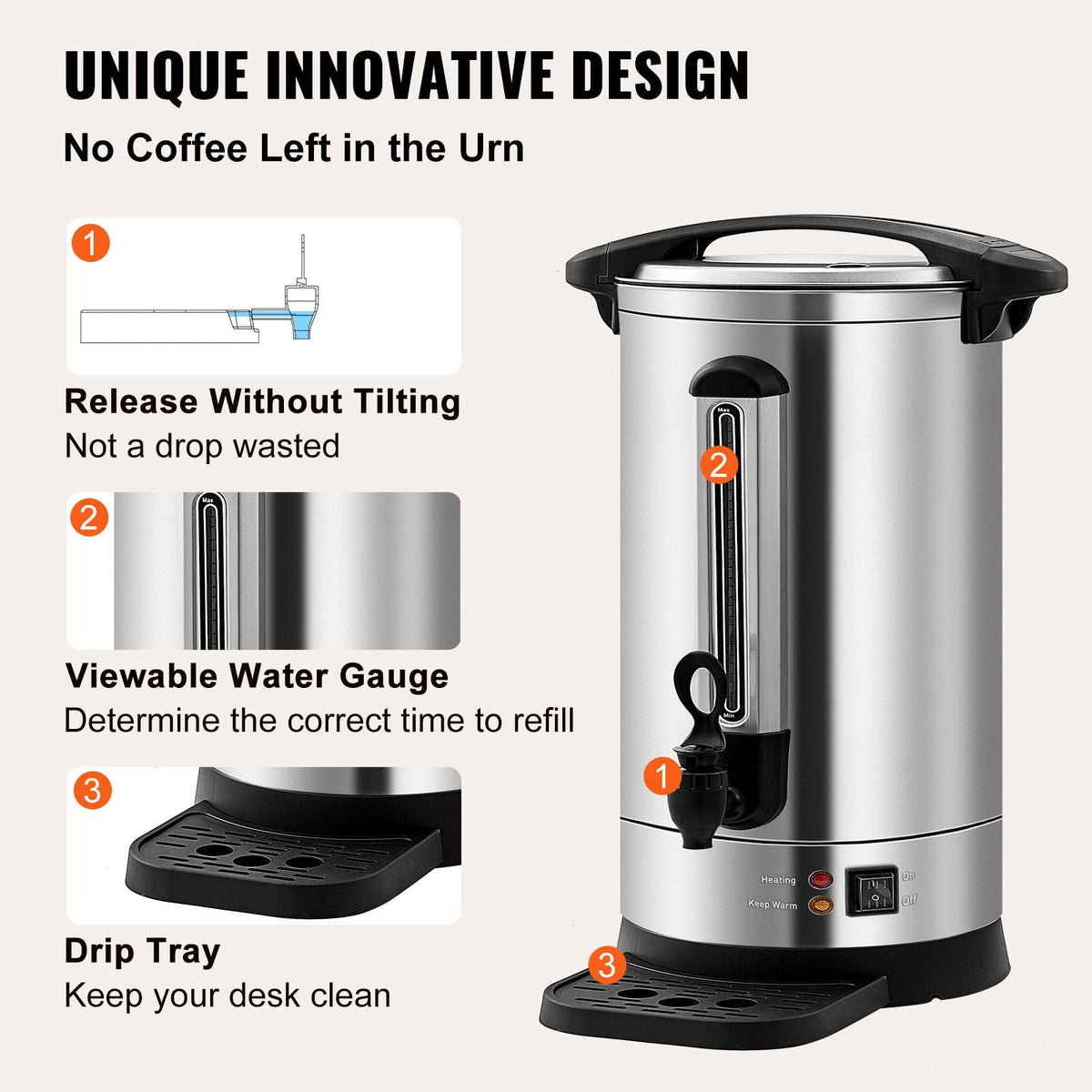 Commercial Coffee Urn, 65 Cups Stainless Steel Large Coffee Dispenser, 1500W 110V Electric Coffee Maker Urn For Quick Brewing, Hot Water Urn with Detachable Power Cord for Easy Cleaning, Silver