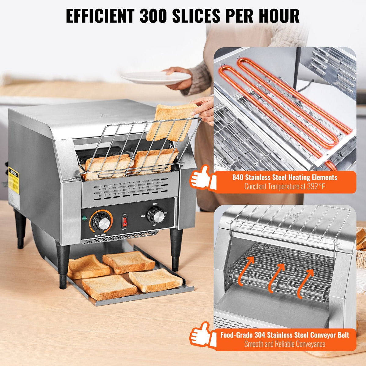 Commercial Conveyor Toaster, 300 Slices/Hour Conveyor Belt Toaster, Heavy Duty Stainless Steel Commercial Toaster Oven, Electric Restaurant Commercial Toaster for Toast Bun, Bagel, Bread