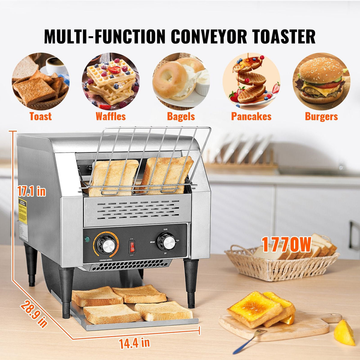 Commercial Conveyor Toaster, 300 Slices/Hour Conveyor Belt Toaster, Heavy Duty Stainless Steel Commercial Toaster Oven, Electric Restaurant Commercial Toaster for Toast Bun, Bagel, Bread