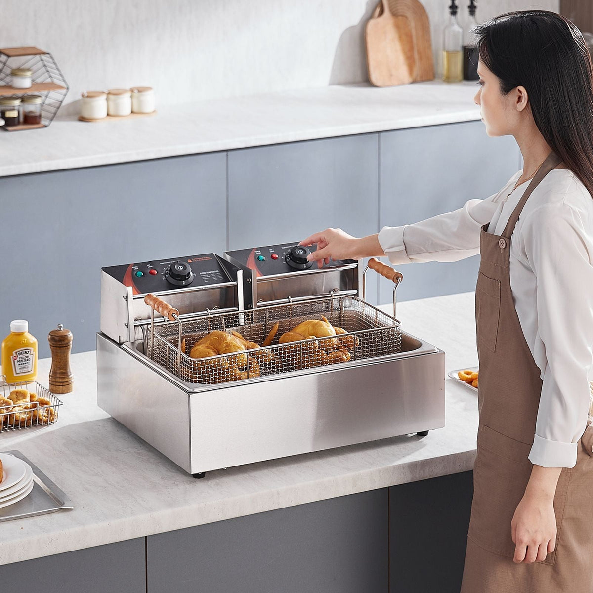 Commercial Deep Fryer, 3000W Electric Turkey Fryer with 3 Removable Baskets, Large Capacity 18Qt / 17L Stainless Steel Countertop Single Oil Fryer, for Kitchen Restaurant Use, Silver