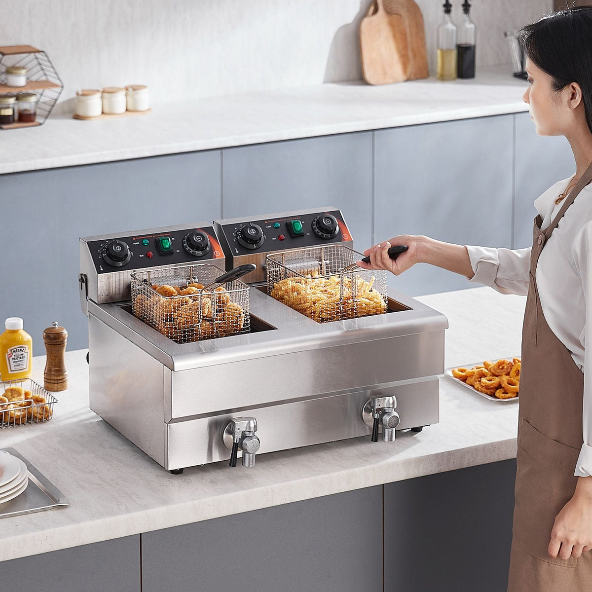 Commercial Deep Fryer, Dual Tank 3000W Electric Countertop Fryer with Basket, 2 x 11.6Qt/11L Double Stainless Steel Oil Fryer with Oil Filtration, Time & Temp Control, for Kitchen Restaurant Use