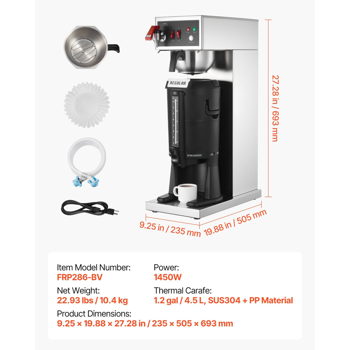 Commercial Drip Coffee Maker, 16-17 Cups Machine with 2.5 L Thermal Carafe, Keep Warm for 4 Hours, Stainless Steel Brewer with Auto Water Filling, for Restaurant, Office, Coffee Shop & Home