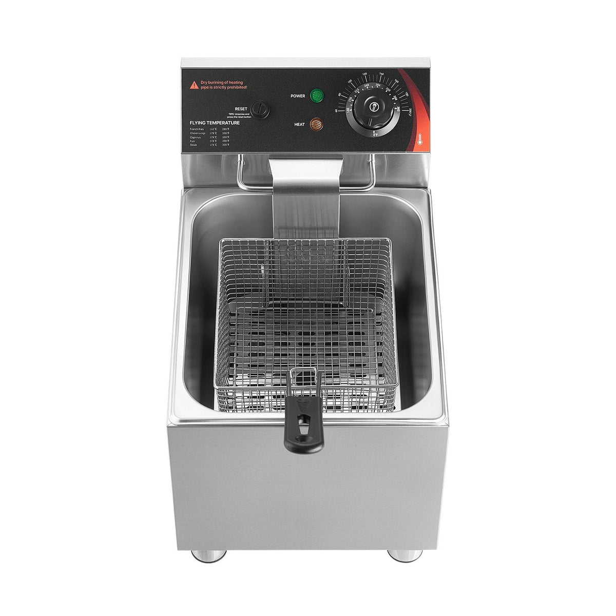Commercial Electric Deep Fryer, 12.15 Qt, 1750W Stainless Steel Countertop Fryer with Basket and Lid, Overheat Protection, Temp Control, Adjustable Feet for Commercial Restaurant Use, Silver