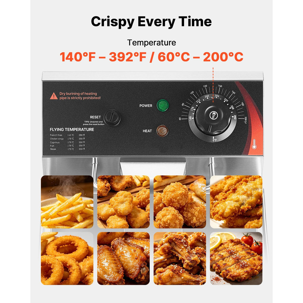 Commercial Electric Deep Fryer, 12.15 Qt, 1750W Stainless Steel Countertop Fryer with Basket and Lid, Overheat Protection, Temp Control, Adjustable Feet for Commercial Restaurant Use, Silver
