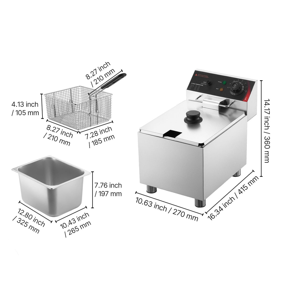 Commercial Electric Deep Fryer, 12.15 Qt, 1750W Stainless Steel Countertop Fryer with Basket and Lid, Overheat Protection, Temp Control, Adjustable Feet for Commercial Restaurant Use, Silver