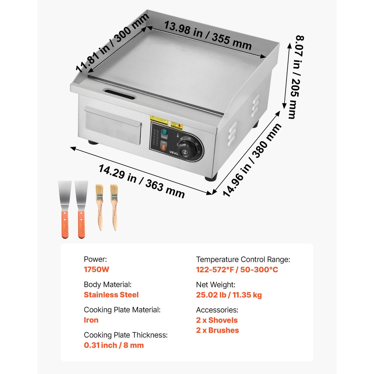 Commercial Electric Griddle, 13.98 x 11.81 inch, 1750W, 122-570°F Adjustable Temp Control, Stainless Steel Countertop Flat Top Grill with 2 Spatulas and 2 Brushes, for Steak, Pancake, Squid