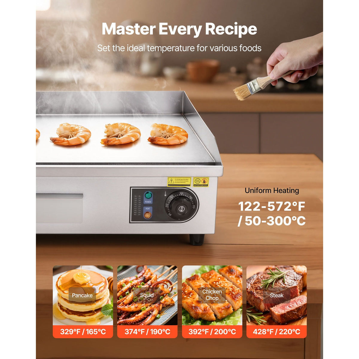 Commercial Electric Griddle, 25.79 x 15.75 inch, 2800W, 122-570 Fahrenheit Adjustable Temp Control, Stainless Steel Body, Full Flat, with 2 Spatulas, 2 Brushes, and 4 Foot Pads, for Steak