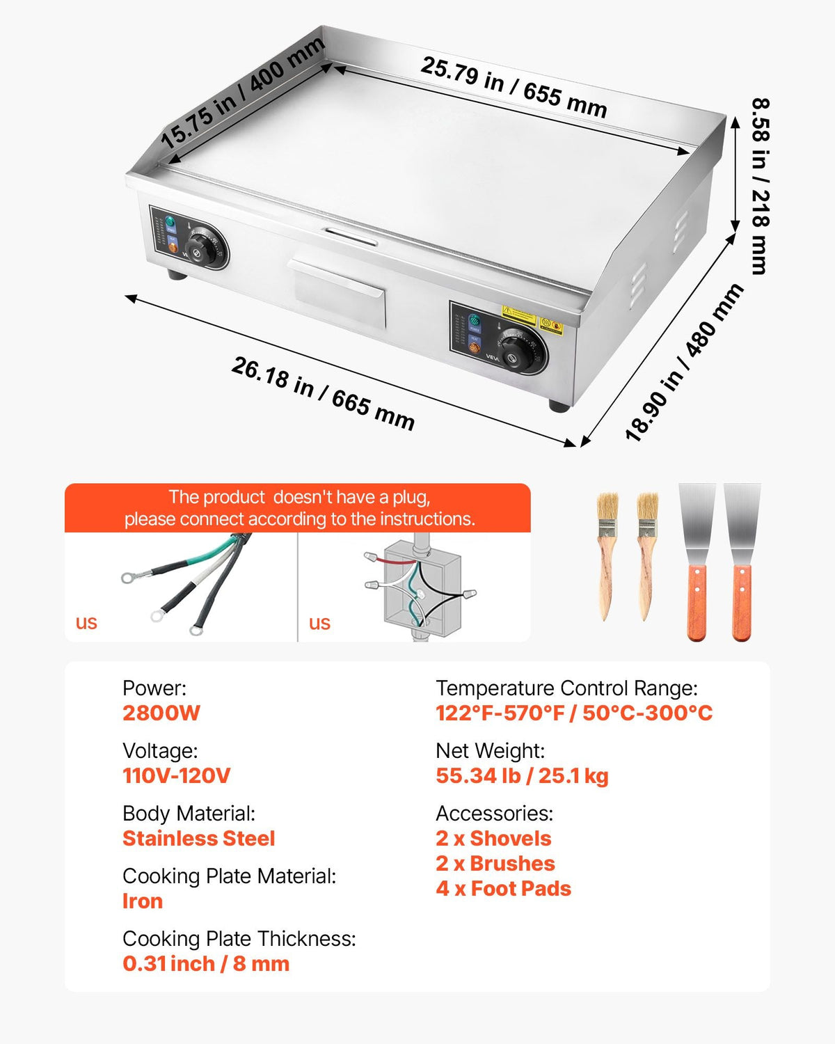 Commercial Electric Griddle, 25.79 x 15.75 inch, 2800W, 122-570 Fahrenheit Adjustable Temp Control, Stainless Steel Body, Full Flat, with 2 Spatulas, 2 Brushes, and 4 Foot Pads, for Steak