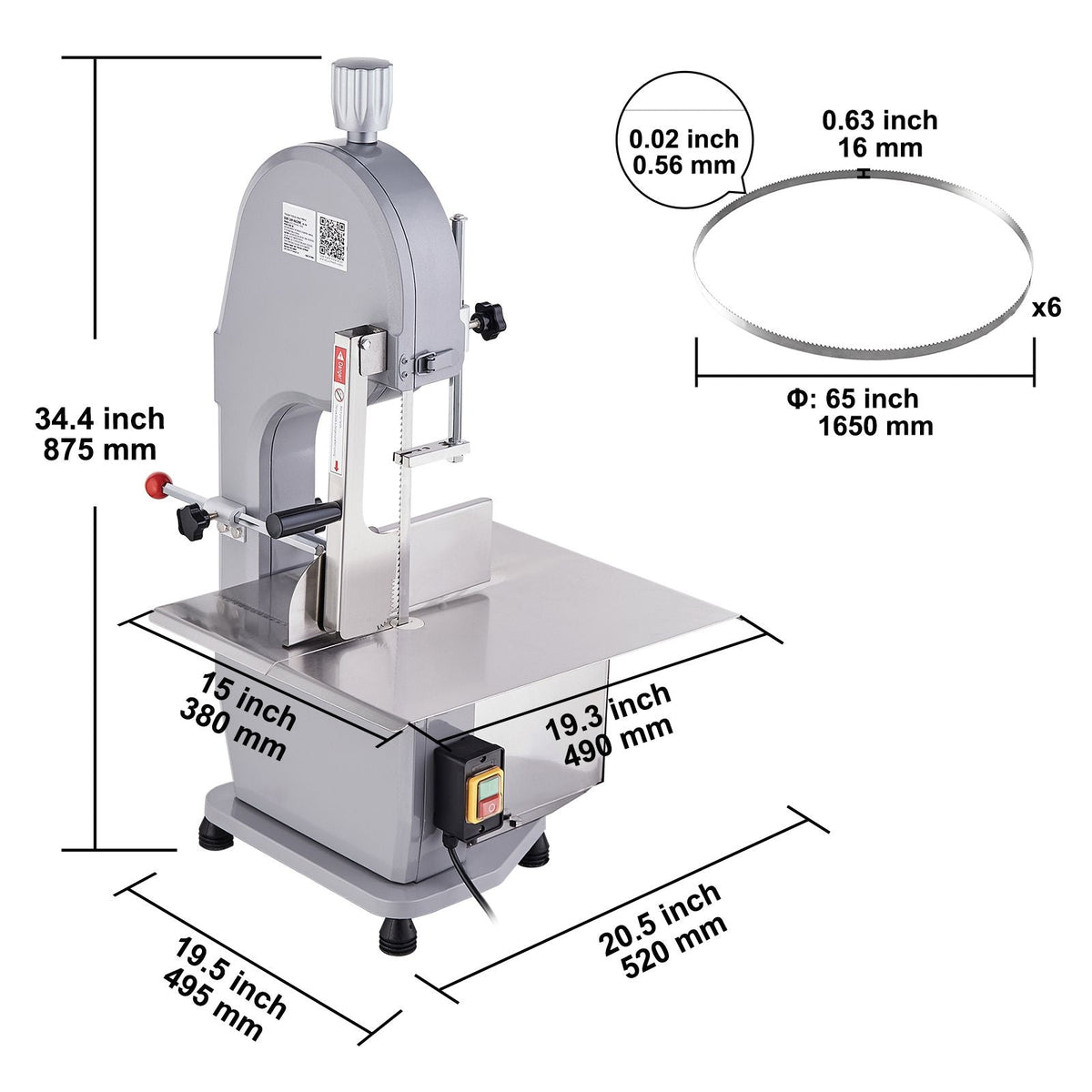 Commercial Electric Meat Bandsaw, 1100W Stainless Steel Countertop Bone Sawing Machine, Workbeach 19.3" x 15", 0.16-7.9 Inch Cutting Thickness, Frozen Meat Cutter with 6 Blades for Rib Pork Beef