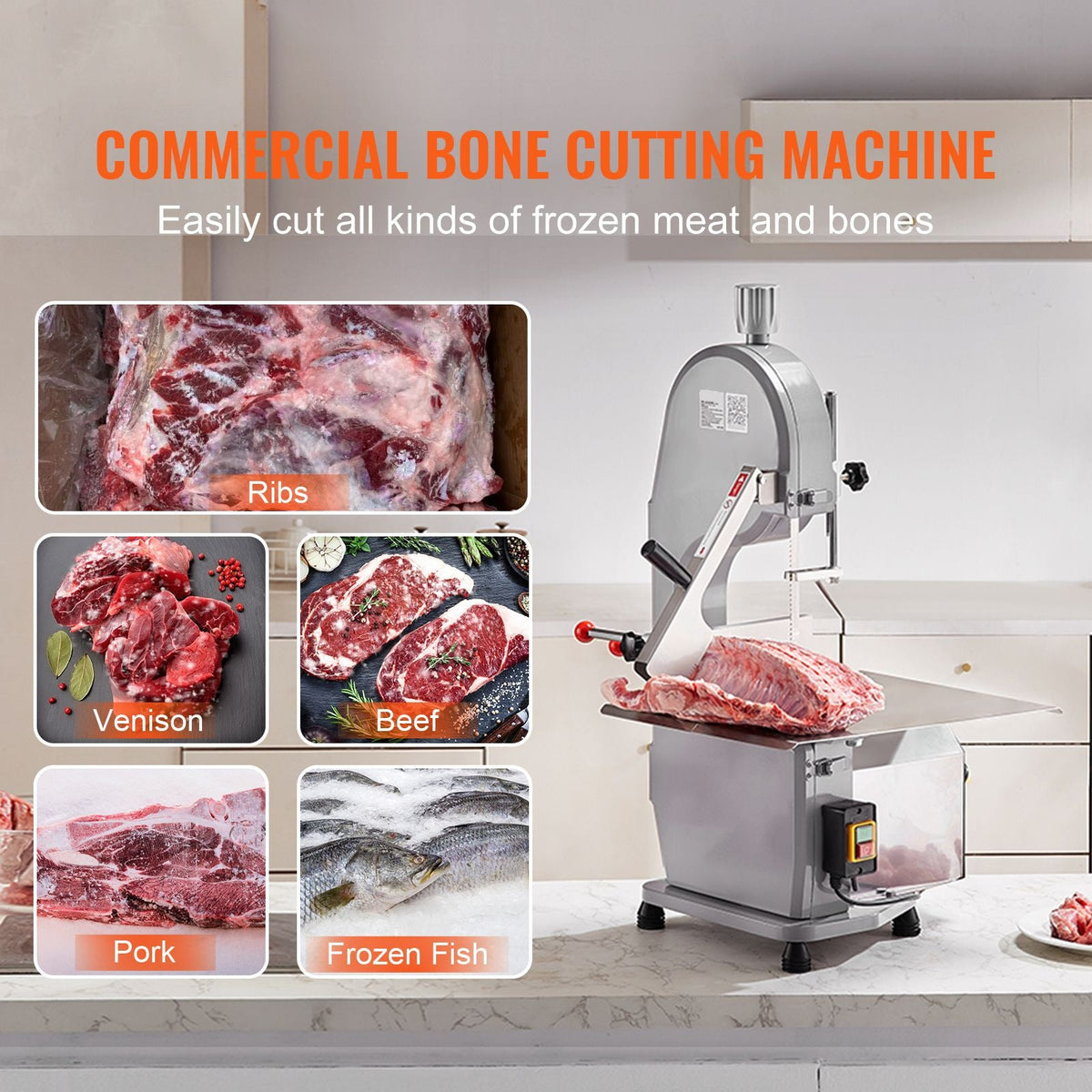 Commercial Electric Meat Bandsaw, 1100W Stainless Steel Countertop Bone Sawing Machine, Workbeach 19.3" x 15", 0.16-7.9 Inch Cutting Thickness, Frozen Meat Cutter with 6 Blades for Rib Pork Beef