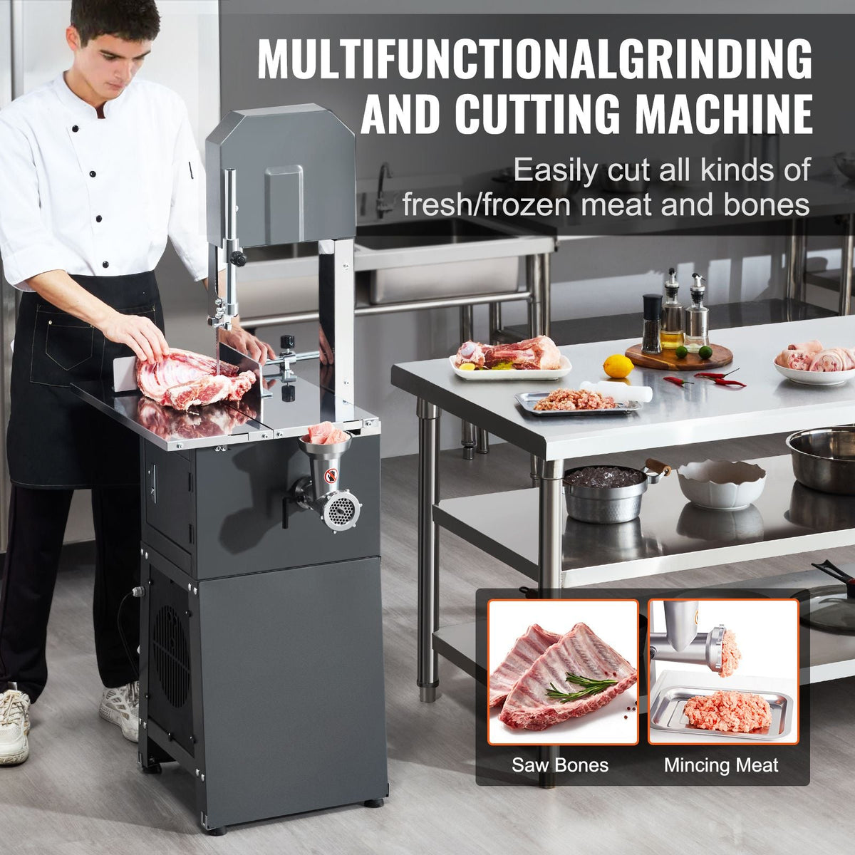 Commercial Electric Meat Bandsaw, 550W Stainless Steel Vertical Bone Sawing Machine, 19.1"x15" Workbench, 7.09 Inch Cutting Thickness, Frozen Meat Cutter with Blade for Rib Pork Beef