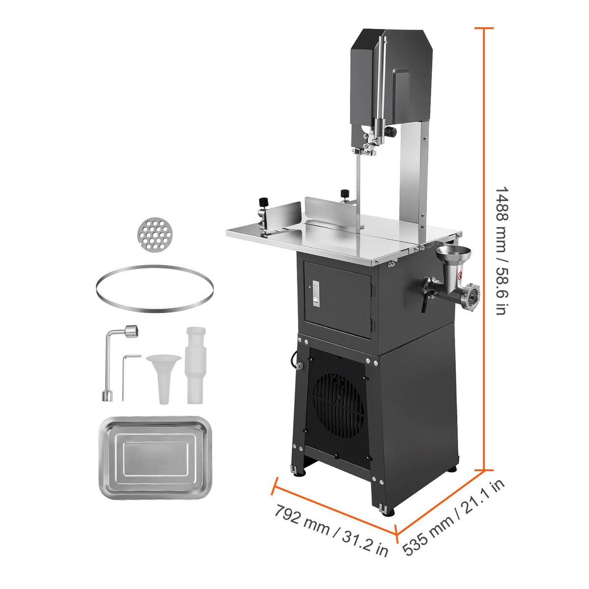 Commercial Electric Meat Bandsaw, 850W Stainless Steel Vertical Bone Sawing Machine, 19.1"x15" Workbench, 7.09 Inch Cutting Thickness, Frozen Meat Cutter with Blade for Rib Pork Beef