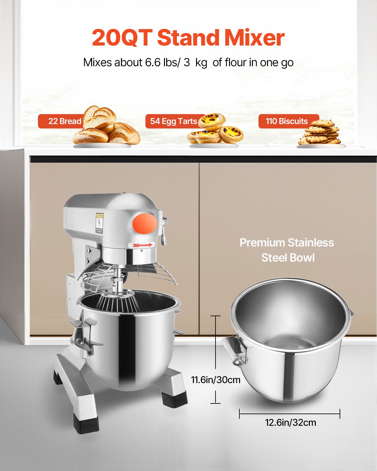 Commercial Food Mixer 20Qt 750W 3 Speeds Adjustable 105 180 and 408 RPM Food Processor Heavy Duty with Stainless Steel Bowl Dough Hooks Whisk Beater for Schools Bakeries Restaurants Pizzeria