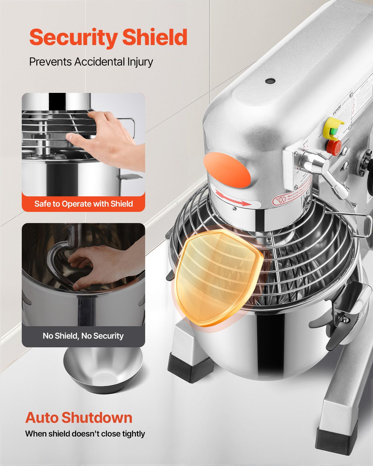 Commercial Food Mixer 20Qt 750W 3 Speeds Adjustable 105 180 and 408 RPM Food Processor Heavy Duty with Stainless Steel Bowl Dough Hooks Whisk Beater for Schools Bakeries Restaurants Pizzeria